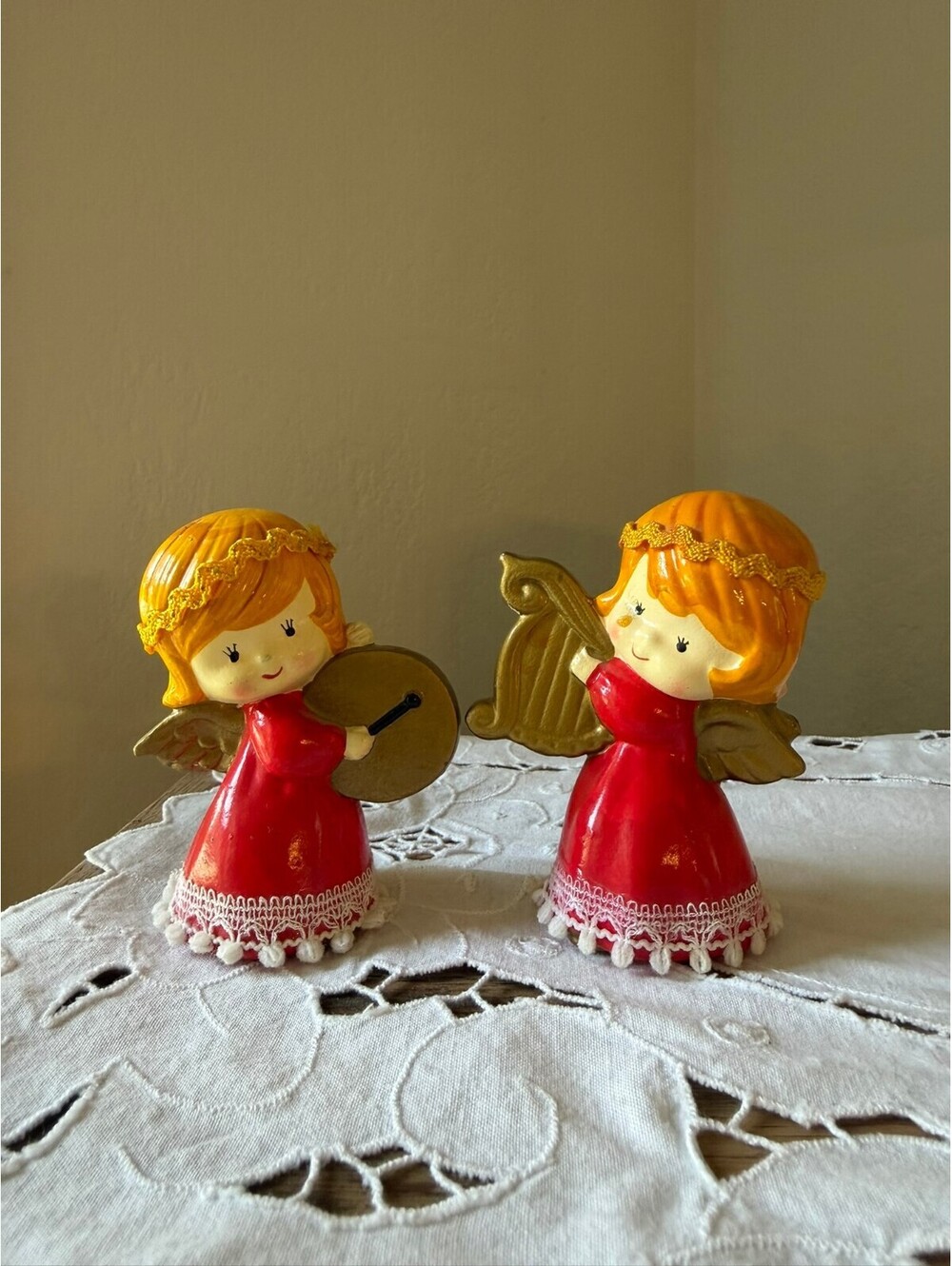 Vintage 1960s MCM Christmas Angel Musician Figurines Harp Cymbals Pair